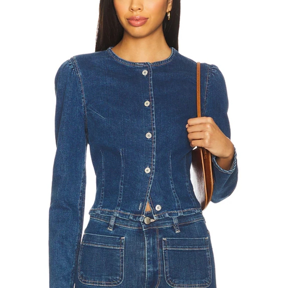 Stylish Blue Denim Jacket Sculpted Top in Blue Water